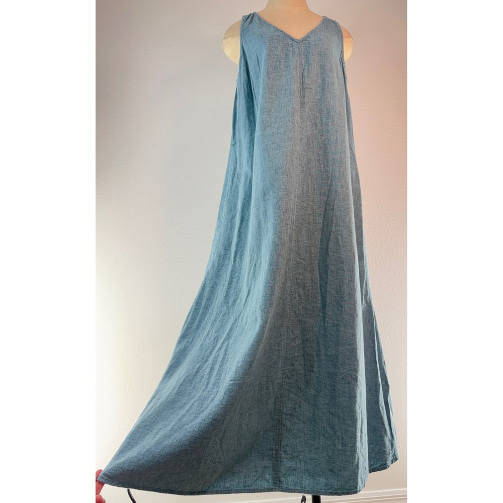 J. Jill Midi Dress Lagenlook Linen Cotton Sky Blue V-Neck Pockets Coastal Chic